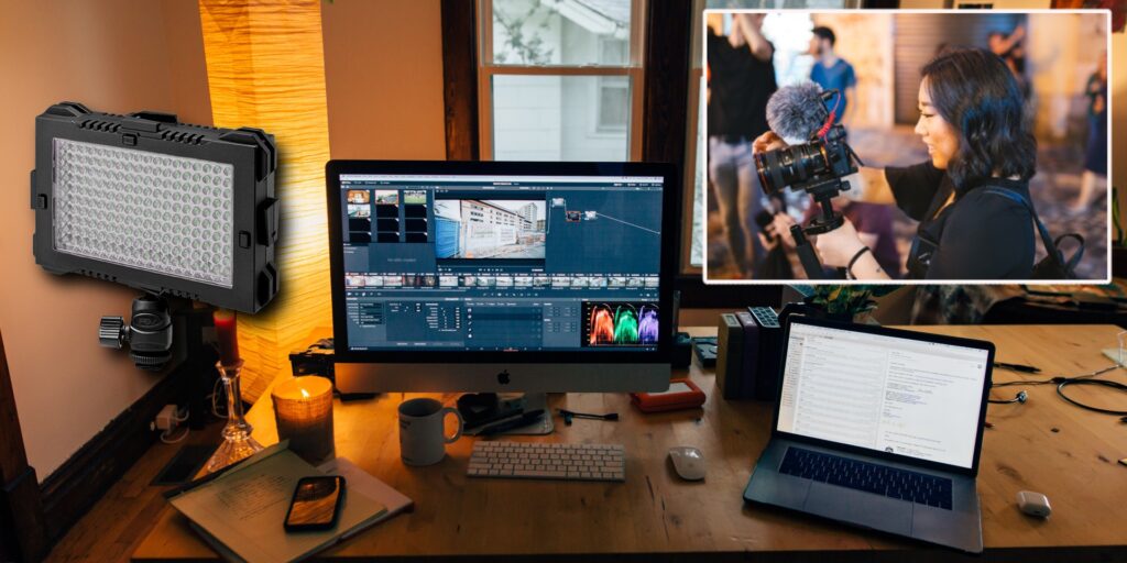video editing setup, vlog, camera, video light